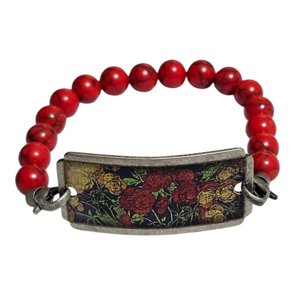 Vintage Synthetic Red Turquoise Beads Bracelet Metal Plaque Floral Boho Stretchy